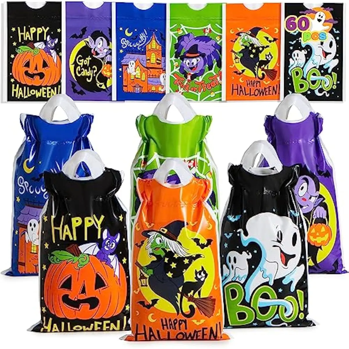 60 PCS Halloween Drawstring Treat Bags, Goodie Candy Trick or Treat Bags Bulk, 6 Design Goody Bag for Trick or Treating, Small Plastic Snack Gifts Bag for Kids Halloween Party Favors Supplies