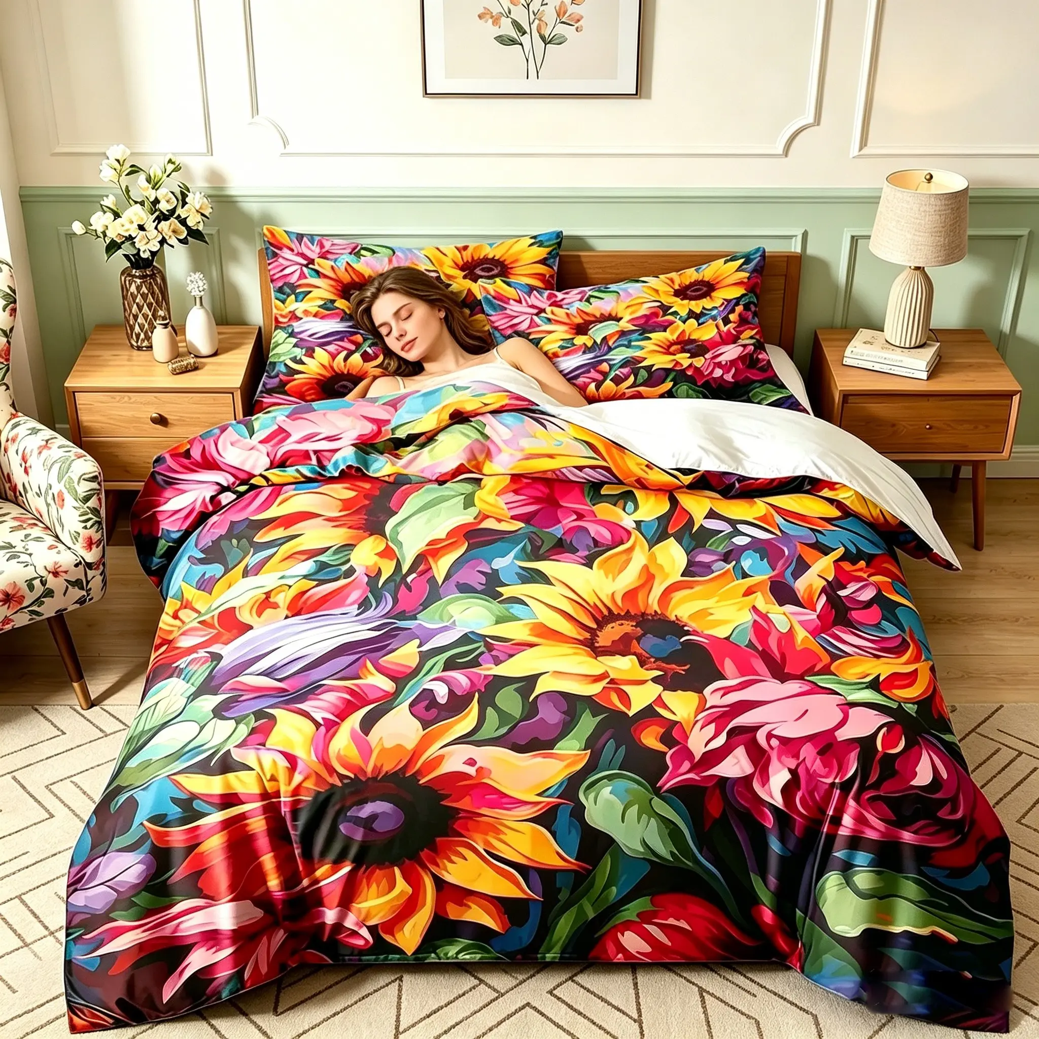 3-piece duvet cover set, Floral bedding set features sunflower pattern printed using 3D printing technology, suitable for bedroom and guest room bedding, includes 1 duvet cover and 2 pillowcases, duvet insert not included, machine washable with a zipper