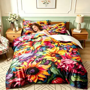 3-piece duvet cover set, Floral bedding set features sunflower pattern printed using 3D printing technology, suitable for bedroom and guest room bedding, includes 1 duvet cover and 2 pillowcases, duvet insert not included, machine washable with a zipper