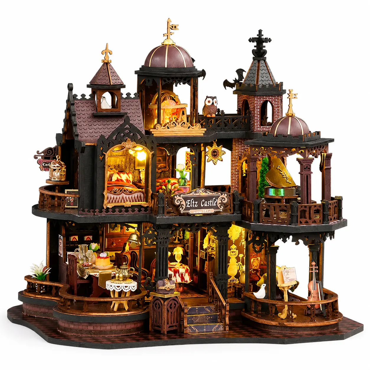Spilay Gothic Premium Wooden House Kit for Adults - DIY Miniature Doll House Kit, Edinburgh Castle Music Box, Dust Cover, 3D Puzzle Book Nook, Valentine's Day Gift for Book Lovers, Bookshelf Decoration