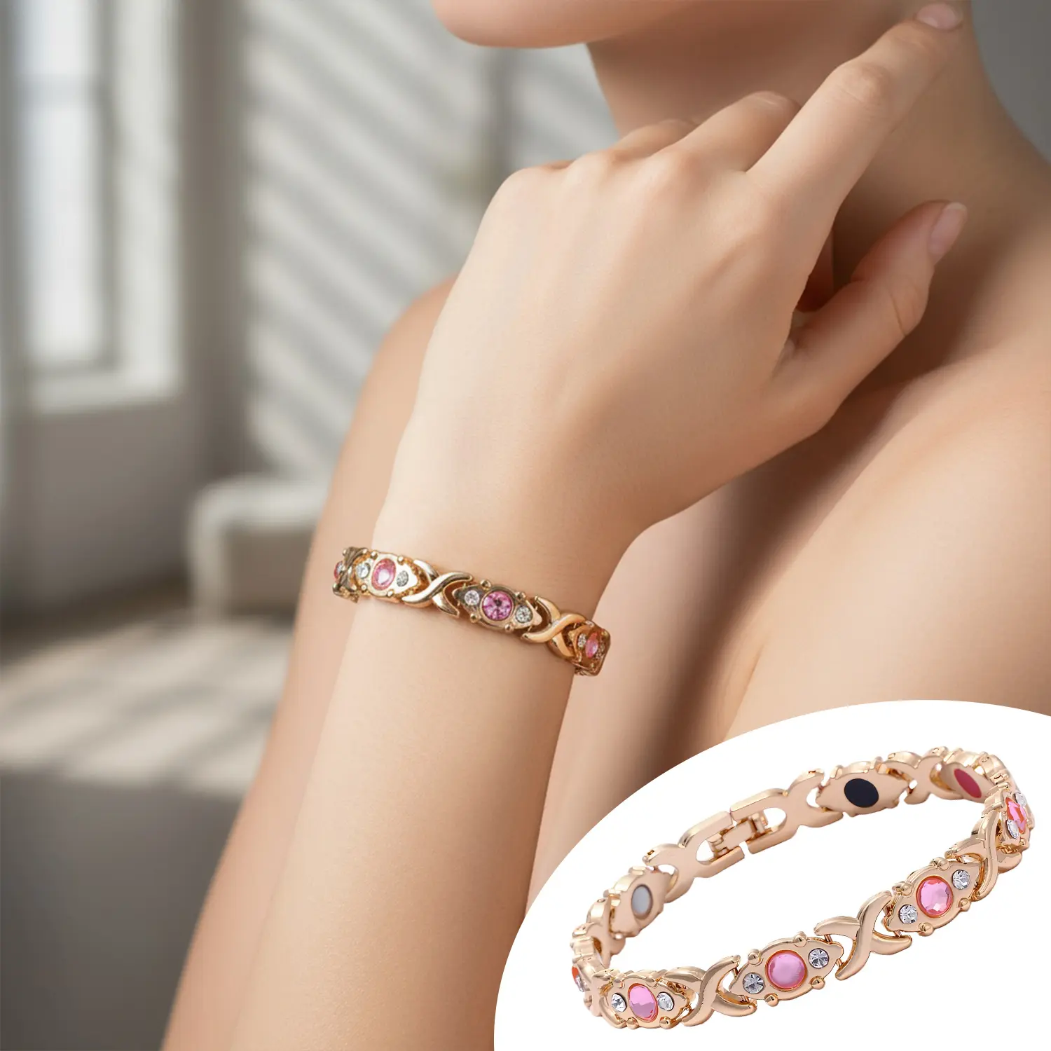 Sicbumi Women's Magnetic Crystal Bracelet - Elegant Link Jewelry with Magnet Design for Circulation Support & Pain Relief, Ideal Anniversary Gift for Women