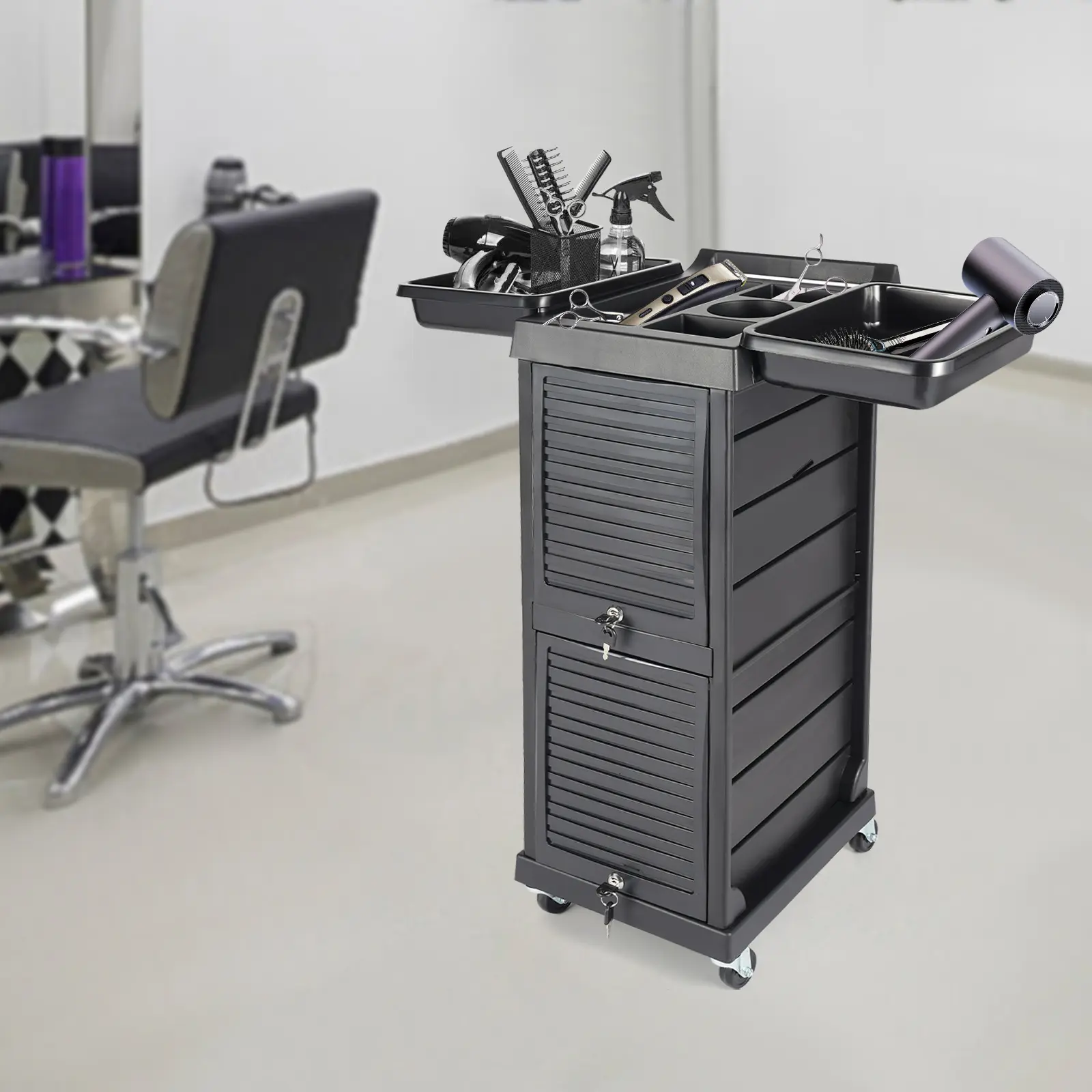 Black 7-Tier Rolling Plastic Storage Trolley - Floor Stand, Adjustable Mobile Commercial Salon Furniture, 50*45*88cm, 6.5kg, Salon Home Manicure Hair Tools Cosmetics Nail Spa Organizer (PVC-PP Construction)