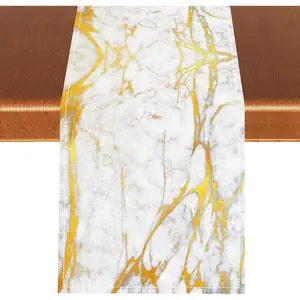 Marble Table Runner, White Marble Pattern Printed Golden Stripe Coffee Table Center Decor for Home Dining Party Table Decorations 13x72 inches