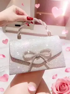 Valentine's Day New Rhinestone Evening Bag, Bow Accent Crossbody Purse, Luxury Pearl Clutch for Women, Elegant Party Handbag