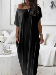 Women's Loose Fit Nightgown, Soft Comfortable Solid Round Neck Sleepwear, Short Sleeve Batwing Sleeves, Casual Home Wear Loungewear for All Seasons