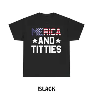 Funny Merica And Titties Patriotic T Shirt American Flag Graphic Tee for Men Women Sarcastic 4th of July Party Freedom Unisex Cotton Shirt