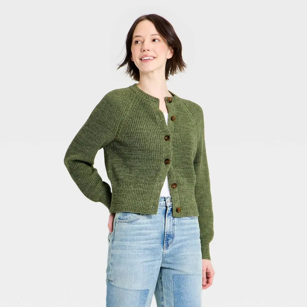 Universal Thread Women's Iconic Long Sleeve Cotton Cardigan Sweater - Olive Green