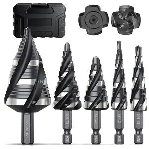 NEW Step Drill Bit Set, 5-PCS- Four Spiral Groove  Set of hex Shank Step Drill Bit Suitable for Aluminum, Wood Plastic, Metal and Other Materials Four-Spiral Metric Flute Multi-Material Nitrided HSS high speed steel tools
