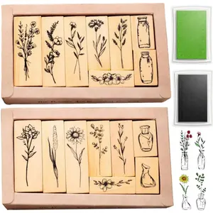 18 Pcs Craft Stamps, 2 Styles Plant Rubber Stamps, Green and Black Ink Wooden Flower Stamps for Crafting