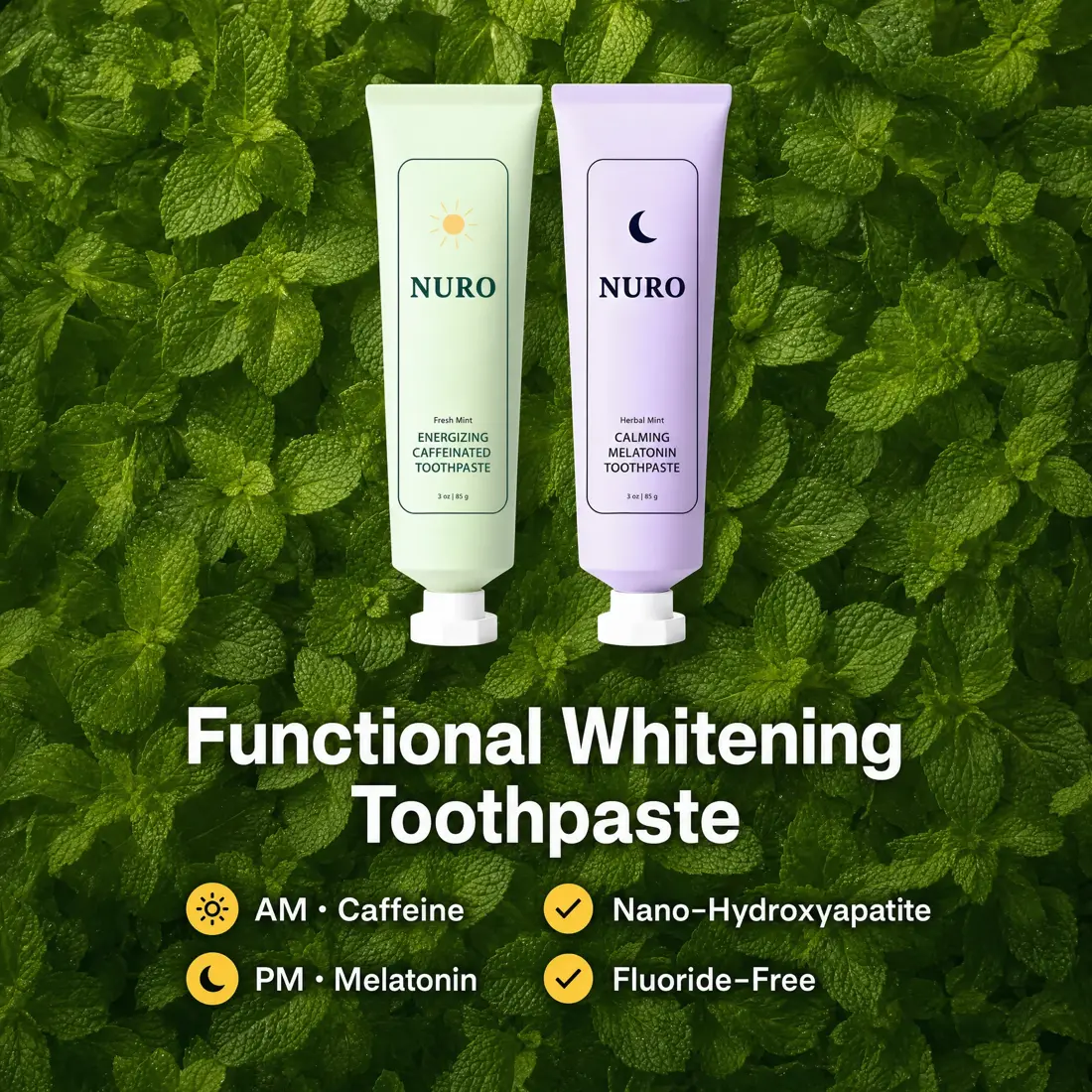 NURO Functional Toothpaste Bundle – AM Energy + PM Sleep | Caffeine, Melatonin & Hydroxyapatite | Clean Vegan Toothpaste