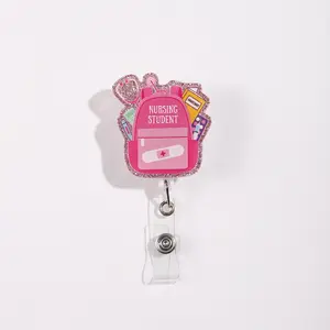 Glitter Nurse Badge Reel, Nursing Student ID Holder, Expandable Clip with Backpack Design, Ideal for Vocational Learning Scenarios, Medical Badge Reel
