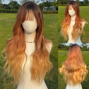SMILCO/26Inches Brown Ash Orange Ombre Long Ripple Waves Synthetic Wig With Bangs/SM373