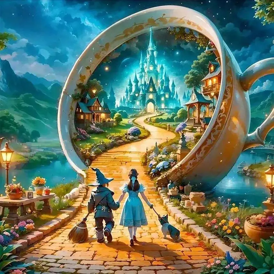 5D DIY Full Diamond Round Diamond Painting - Diamond Art Painting Kit Castle, Teacup, Fairy Tale Mosaic, Canvas - DIY Decorative Art, Home Wall Decor, Crafts, Handicraft, Perfect for Valentine's Day, Halloween, Christmas, Birthdays, and Anniversary Gifts.