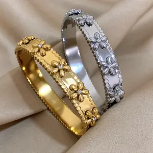 Women's Elegant Gold & Silver Floral Bangle Bracelet - Wide Hinged Cuff with 3D Flower, Rhinestone, Vintage Statement Costume Jewelry Gift