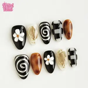 Tortie Floral Handmade Press-On Nails, Short Almond Shape, 10pcs, Edgy Retro Mix Design, Tortoise Shell Base & Hand Drawn Flower & Silver Swirl & Gold Foil & High Gloss Accents, Reusable DIY Nail Kit for Women, Diy Nail Art, Trendy Nails