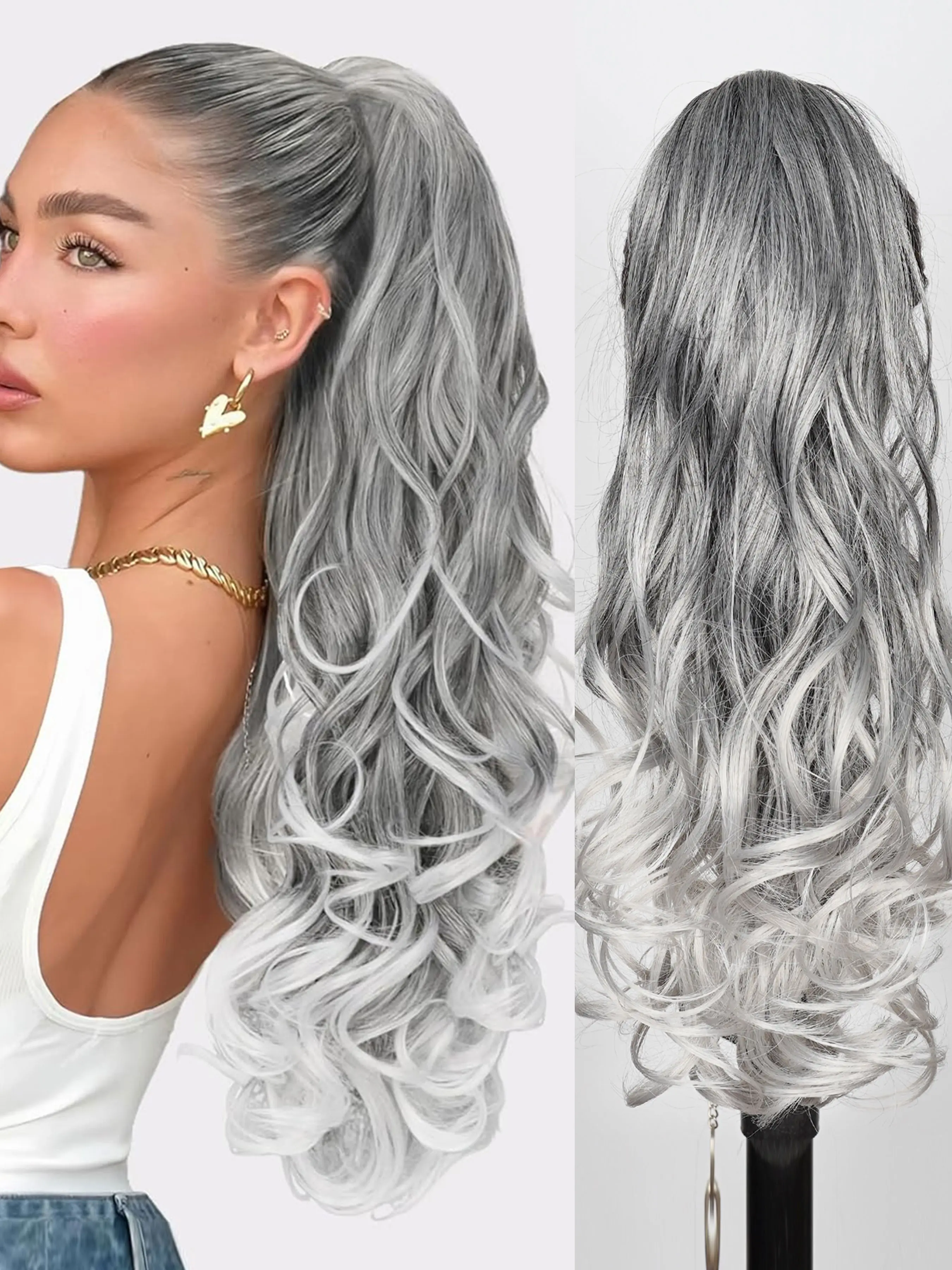 24" Ombre Grey to White Claw Clip Ponytail Extension - Long Curly Wavy Synthetic Jaw Clip Hairpiece for Women, Natural Look Instant Volume, Heat Resistant, Daily & Party Use, Synthetic Ponytail Hairpieces