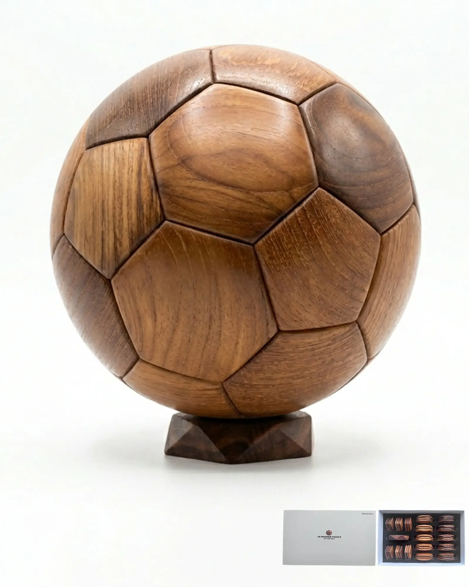 Astshun&Co 3D Wooden Soccer Ball Puzzle Kit - 1:1 Scale Replica Mortise-and-Tenon DIY Woodwork Brain Teaser, Premium Walnut/Teak/Beech Wood, 1 Geometric Walnut Base, 32 Precision-Cut Tiles, Luxury Decor, Unique Gift for Adult Sports Fans