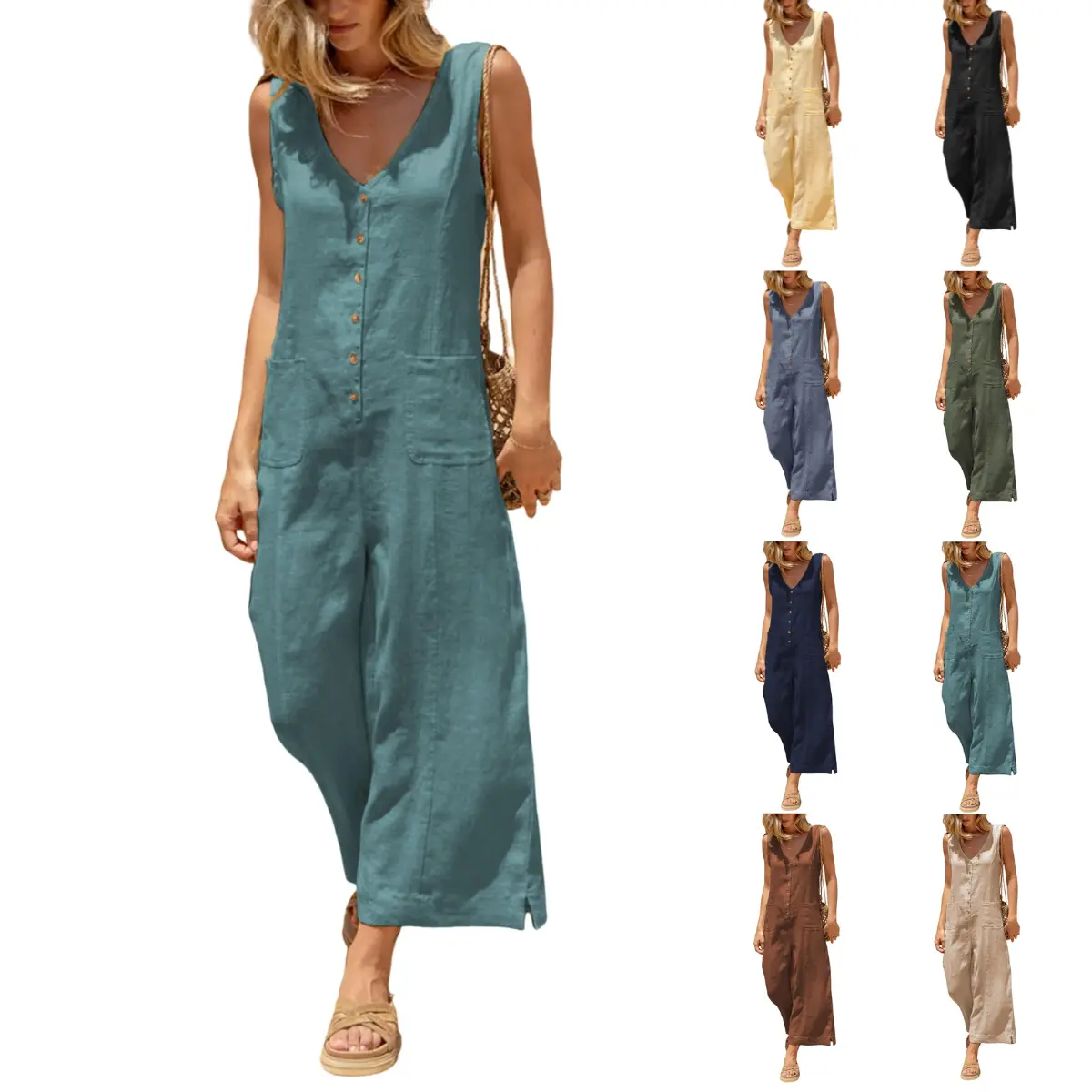 UANEO Women Button Down Jumpsuits Cotton Linen Sleeveless Casual Wide Leg Rompers with Back Tie Adjustable Waist Loose Fit Overall Pockets Summer Womenswear