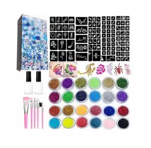 Glitter Tattoos Kit for Kids & Adults - Twenty Four Colors, 2 Glue, 5 Brushes & 187 Stencils - Safe Body Art for Halloween, Birthday Parties, Festivals - Perfect Gift for Girls & Boys