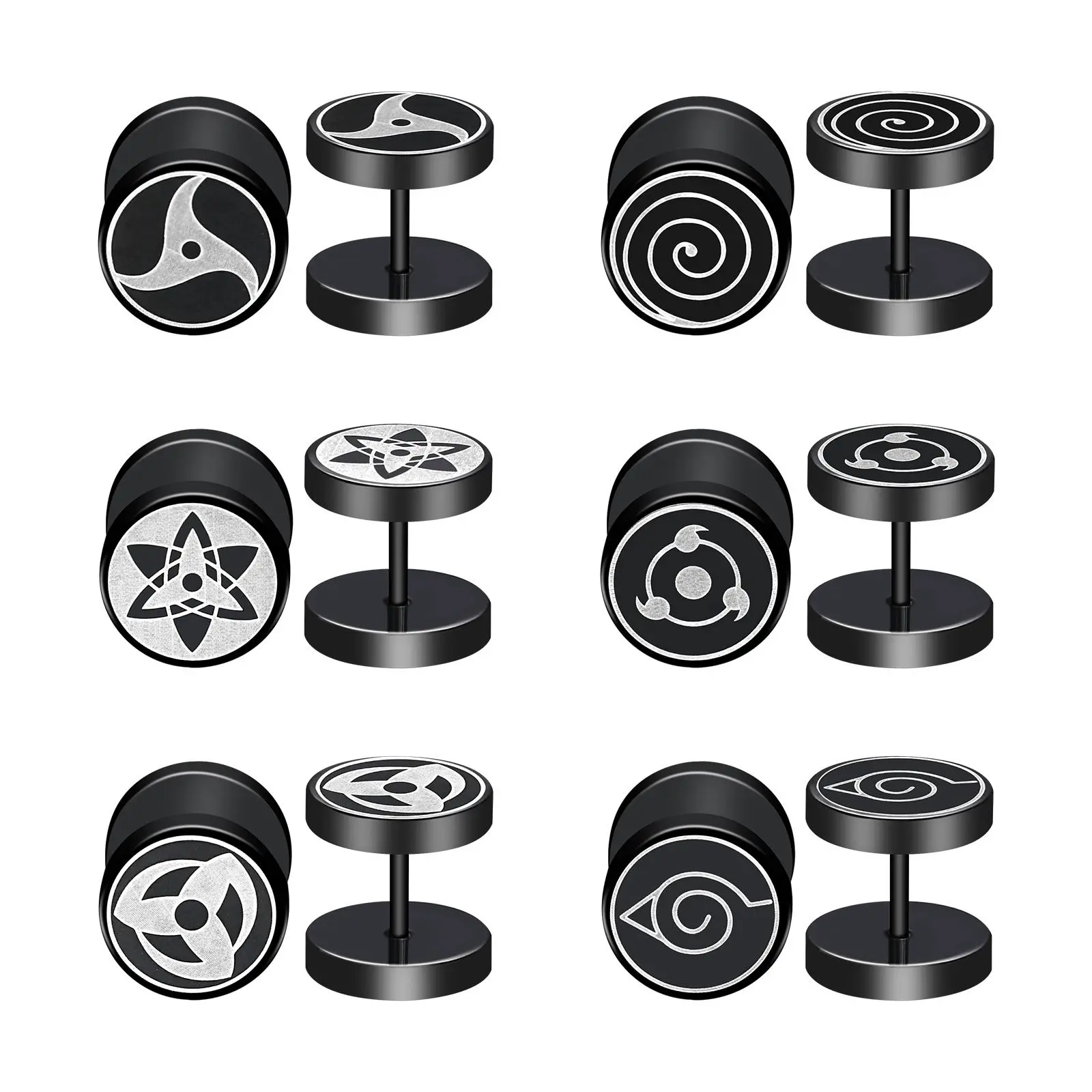 OIDEA 6-Pair 18g Naruto Charm Stud Earring Sets - Hypoallergenic Flat Back Fake Gauges Plugs, Konoha Sharingan Motifs Akatsuki Cosplay Ear Accessories for Sensitive Ears Men, Tunnel Studs, Anime, Men's Jewelry, Role Play, Male, Christmas, Holiday, Stud Ea