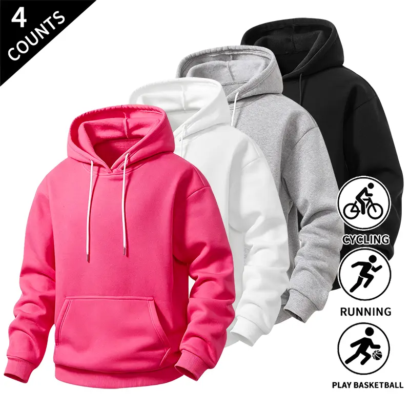 4-Pack Men’s Solid Pullover Hoodies – Casual long-sleeve hooded sweatshirts with kangaroo pocket, soft fleece hoodie for running, basketball, cycling, and everyday workouts