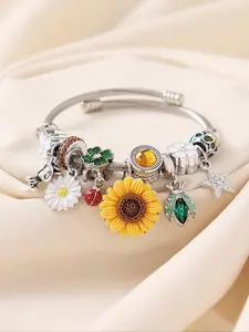 Boho Style Cute Daisy & Sunflower & Rose Charm Decor Bangle, Rhinestone Decor Bangles, Fashion Jewelry for Party, Daily Clothing Decor, All-match Jewelry for Gift, Rhinestone Bangle Bracelet