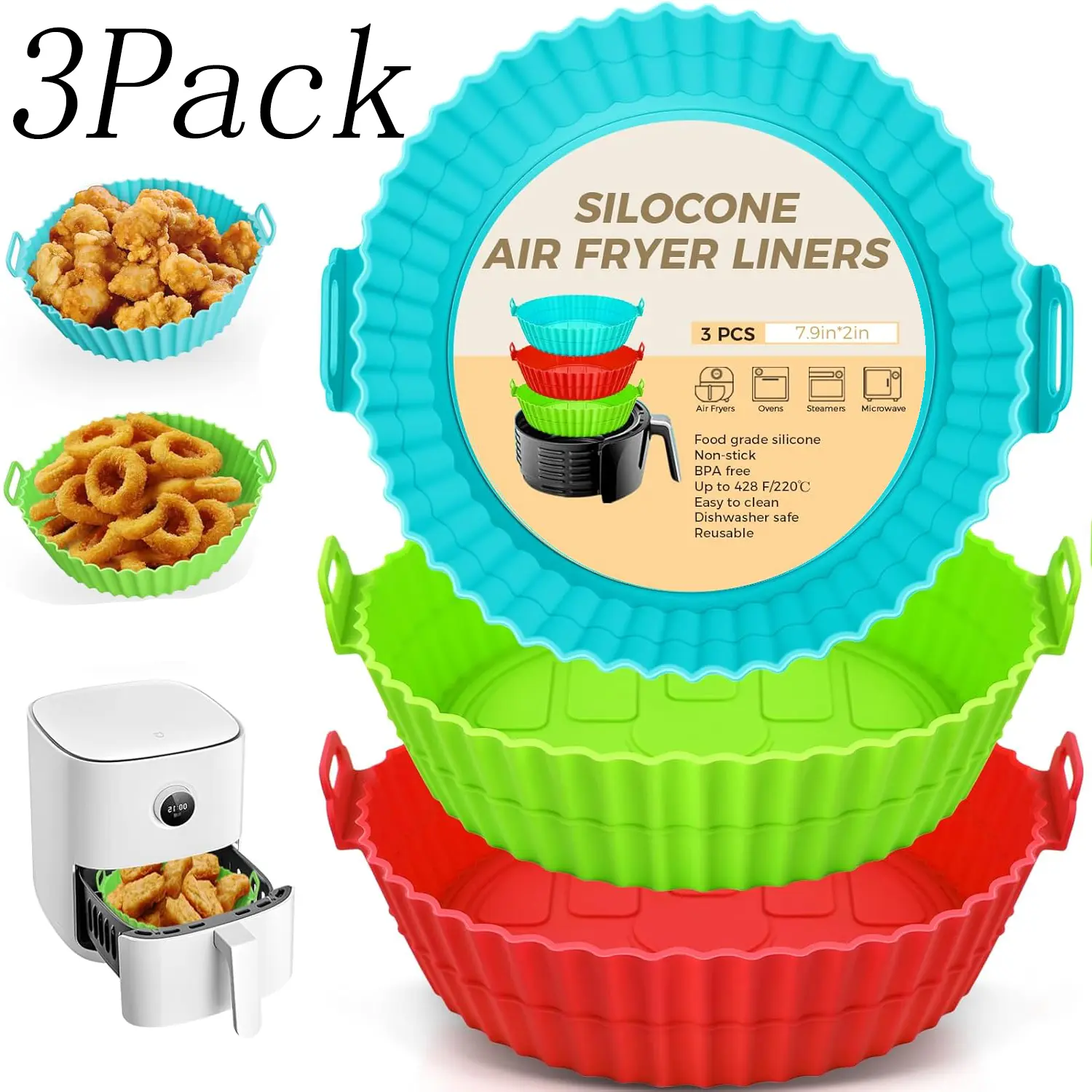 3 Pack Food-Grade Silicone Air Fryer Liners with Handles - 7.9in Diameter, Raised Edges, Durable Reusable Non-Stick Baking Mat, Dishwasher Safe, Easy to Clean, Fits 3.6qt+, Disposable Parchment Paper Replacement for Home Cooks, Campfire/BBQ Party