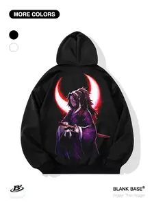 Demon Slayer Kuroko Moonlight Print Loose Hoodie, Casual Breathable Pocket Sweatshirt, Unisex Streetwear for Outdoor Sports