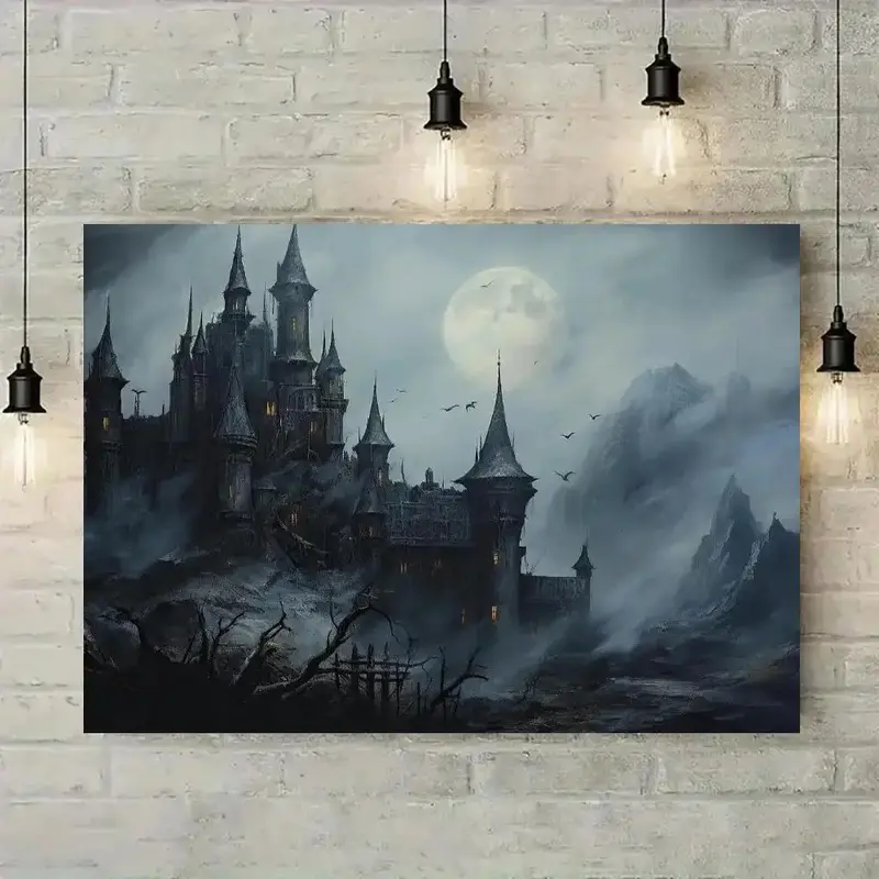 Retro Gothic Dark Theme Solid Wood Framed Mural Decoration, Featuring an Ancient Eerie Castle Wall Art Print for Living Room, Kitchen, or Dormitory with Mysterious and Historic Appeal.
