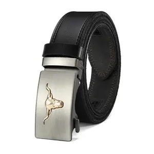 (HC)Men’s premium leather automatic ratchet belt featuring a sleek bull head relief and an adjustable automatic buckle; a sturdy, versatile belt that effortlessly transitions from business to casual wear—an ideal gift choice for Father’s Day