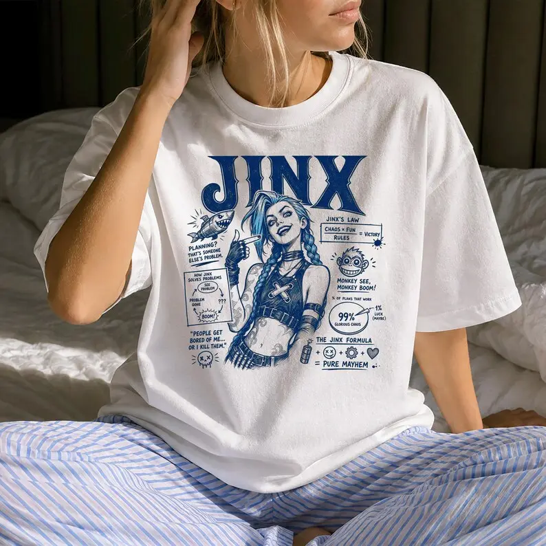 Funny Jinx Blueprint Graphic T-Shirt League of Legends Arcane Pure Mayhem Anime Tee Video Game Lover Gift