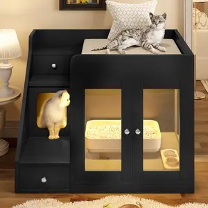 GO Hidden Cat Litter Box Enclosure Furniture - Black Indoor Living Room Side Table with 1 Light, 2 Storage Drawers, Hidden Compartments Cabinets
