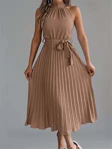 Women's Solid Color Pleated Dress, Elegant Fitted Sleeveless Dress for Summer, Women's Clothing for Daily Wear, Casual Wear, Casual Comfy Chic