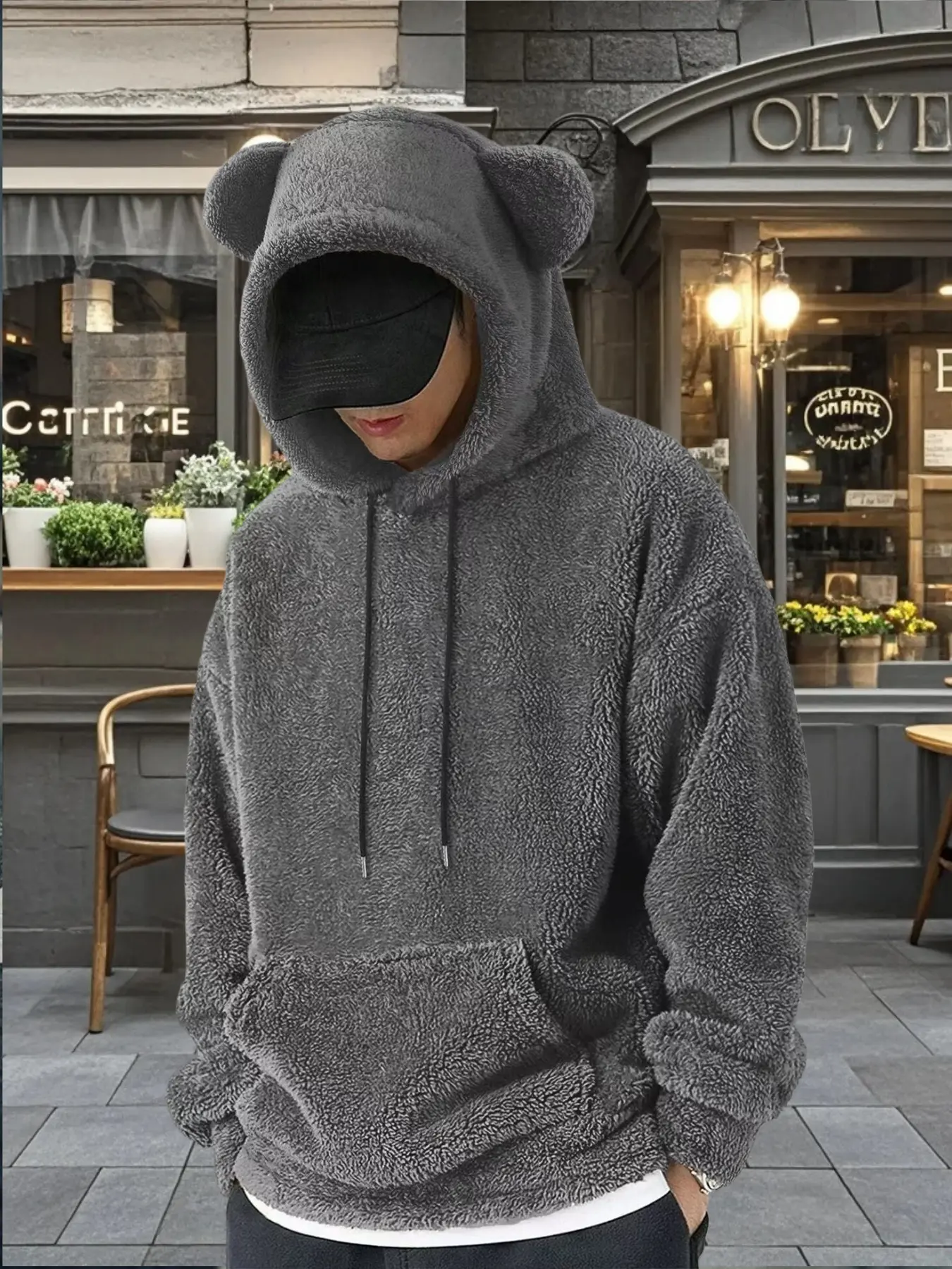 Autumn Winter Essential Cute Bear Ear Hooded Plush Pullover Casual Cozy Sweatshirt, Soft Lamb Velvet Fabric, Loose Fit, Casual Street Style, Warm & Fashionable, All Genders Hoodies