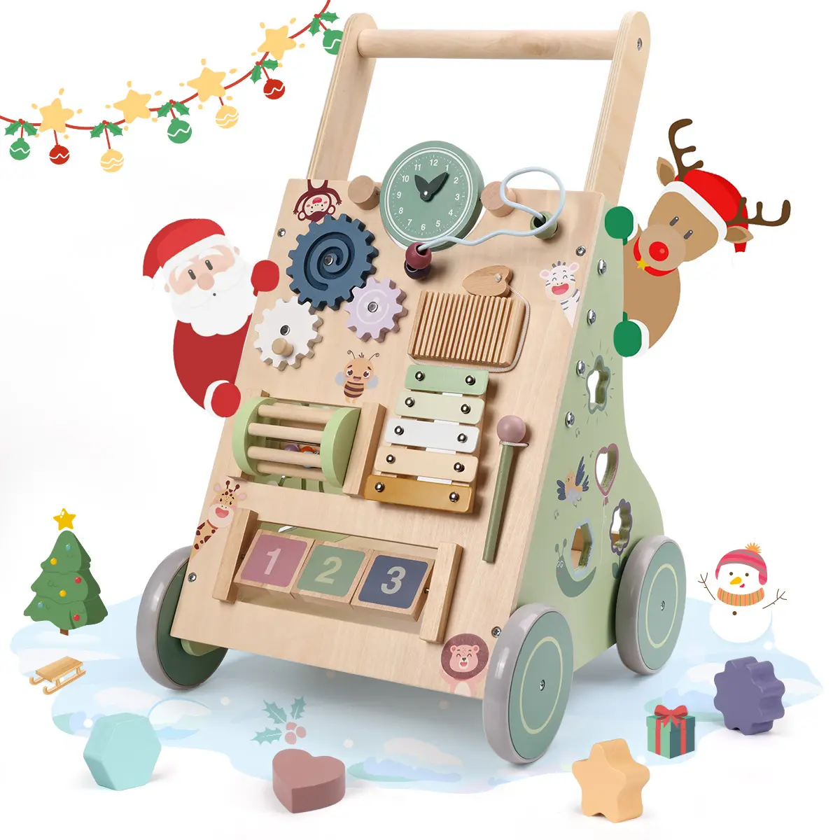 COMOMY Wooden Baby Walker, Montessori Non Pedal Toddler Push Walker with Activity Center, Adjustable Speed & Height for Boys and Girls 12M+, Walkers For Babies