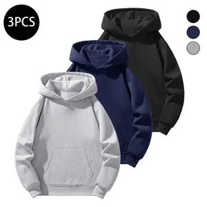Men's Solid Color Pullover Versatile Must-Have Hoodie Regular Fit Casual Long Sleeve Hooded Sports Jacket for Autumn and Winter Everyday Wear 3PCS Menswear Tops cozy essentials Set Stylish Sweatshirts Clothes fall outfits casual fall outfits SpringStateme