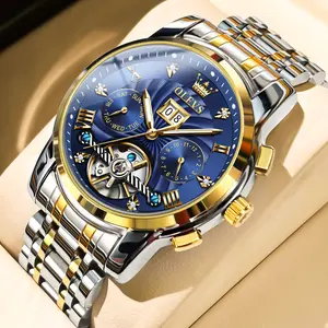 OLEVS Men's Automatic Mechanical Watch with Skeleton Tourbillon Design & Dual Calendar Window Stainless Steel Band Water Resistant