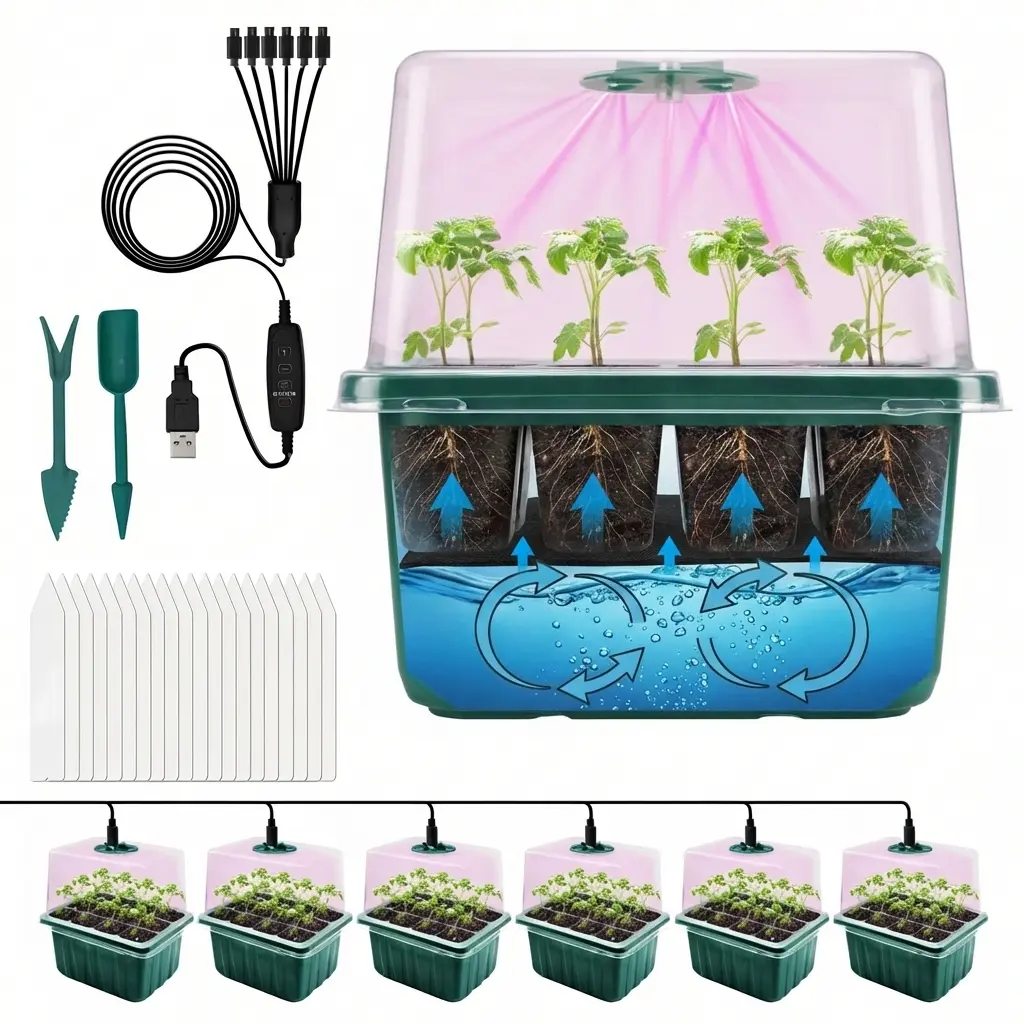 6 Packs Seed Starter Tray with Plant Light, Grow Lights for Seed Starting Kit with Humidity Domes, Timing Controller Adjustable Brightness for Greenhouse Propagator Station Planting Growing, 6-Pack Tray