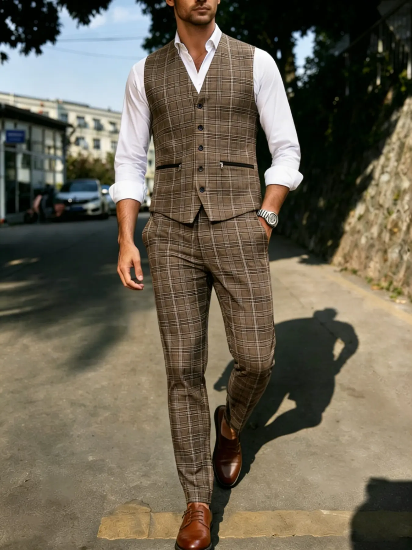 Men's Business Blazer Set, Tartan Vintage Vest and Pants, Slim Fit, All Seasons, Elegant Office Wear, Formal Wear, Luxury Checkered Suit