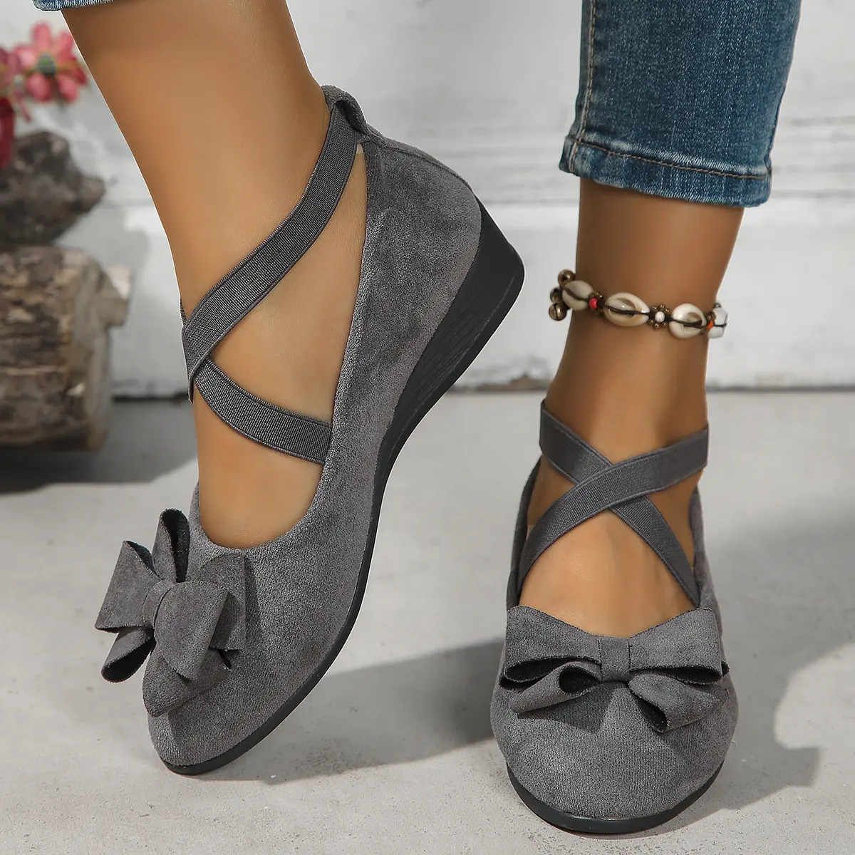 Women's Soft Suede Wedge Flat Footwear - Cute Bow-Accent, Comfortable Slip-On with Elastic Strap, Polyester Details, Round Toe, Braid Ankle Design, Wide Fit, Rubber Insole, Fashionable Flats for Casual Office & Brunch Wear