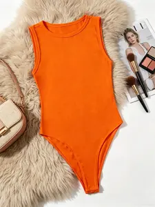 Women's Sleeveless Solid Color Romper, Elastic Round Neck Tank Top, Slim Fit Basic Casual Tight Shirt, Comfortable and Stylish, Bodysuits