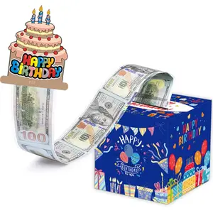 Blue Cake Birthday Surprise Money Gift Box for Pull Out with Card and 50Pcs Transparent Bags Unique Birthday Gifts