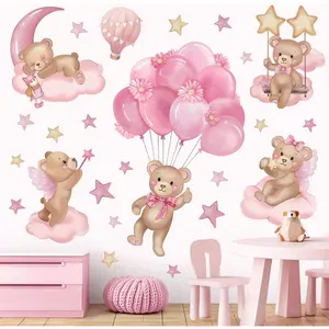 Pink Balloon Bear Wall Stickers Hot Air Balloon  Clouds Stars Peel and Stick Wall Art Decals for    Girls Bedroom