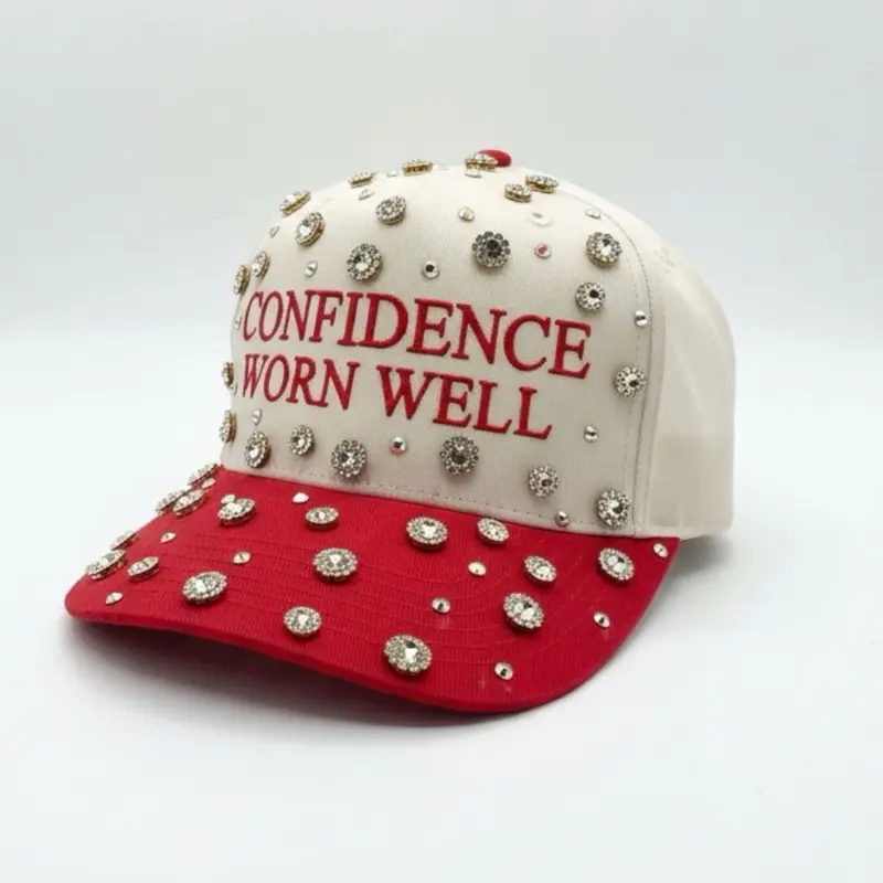 Confidence Cap - Red Worn Well Cap Embroidery, Bling Accents Unstructured Low Profile Adjustable Strap 100% Cotton Unisex