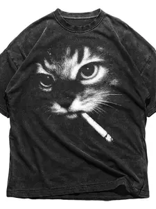 Double-sided Print Men's Funny Smoking Cat Graphic T-Shirt 230g Heavyweight Cotton Vintage Washed Black Tee with Tabby Cat & Cigarette Print Streetwear Round Neck Short Sleeve Shirt for Men Ideal Gift for Smokers & Cat Lovers Distressed Festive