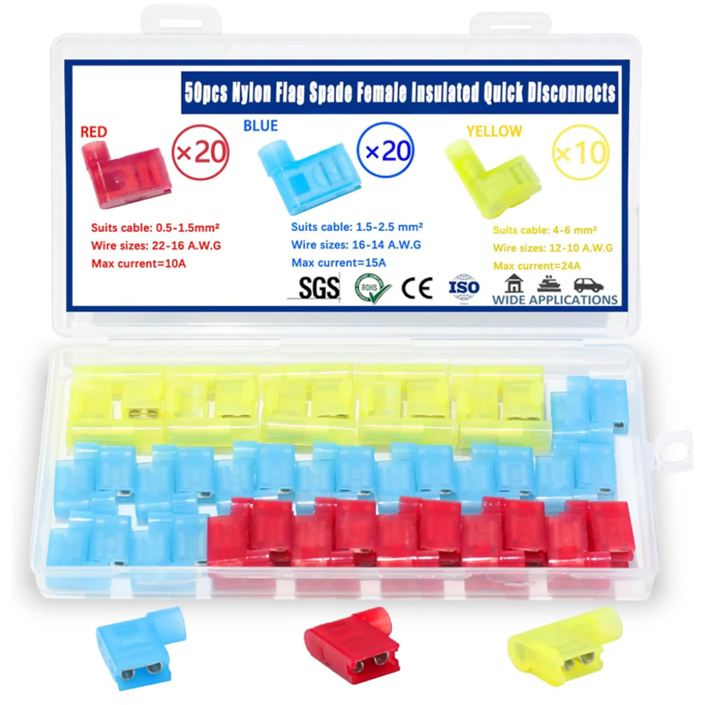 50pcs Nylon Flag Spade Insulated Quick Disconnects 22-18/16-14/12-10AWG Right Angle Spade Connector Red/Yellow/Blue 90 Degree Wire Terminal Connector
