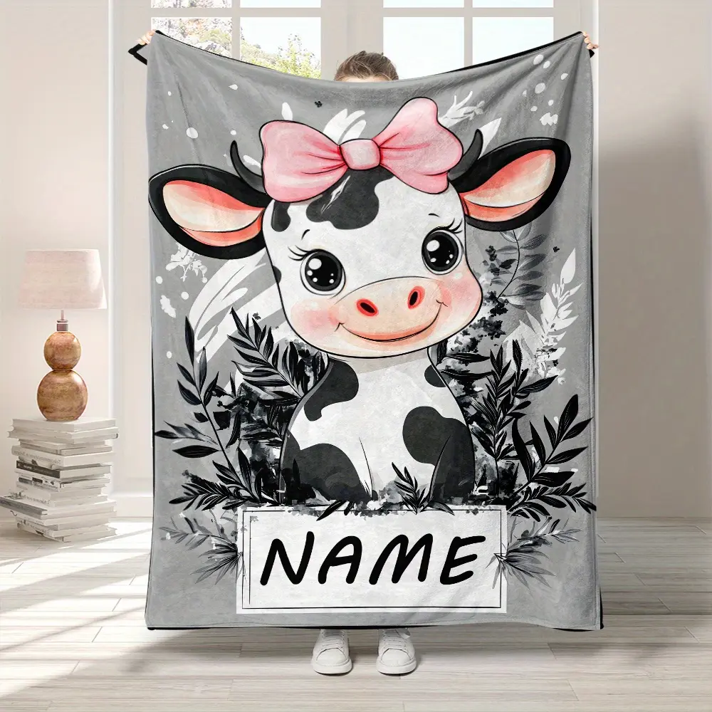1 Piece Personalized Cute Cow Pattern Blanket with Custom Name - Soft and Warm Polyester Flannel, Suitable for Sofa, Bed, Chair - Non-Electric, Feather Filled, 100% Polyester - Ideal for Travel, Camping, Home Office - Perfect Party Gift for Christmas, Eas