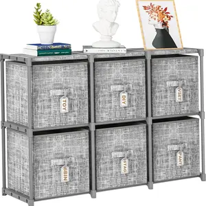 6-Cube Storage Organizer with Printed Bins & Labels – Large Capacity Cubby Shelf for Closet, Living Room, Dorm, or Craft Room Decor Grey