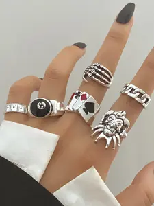 Punk Style Chain & Funny Design Ring (6pcs), Fashion Hand Accessories for Women & Girls, Simple Jewelry for Party, Daily Clothing Decor, Trendy All-match & Exquisite Jewelry for Birthday Gift
