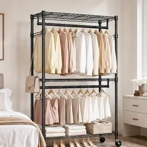 Heavy Duty Minimalist Rolling Garment Rack - Hangable, 3-Tier Adjustable Wire Shelves, 2 Hanging Rods, Side Hooks, Carbon Steel Storage Organizer with Lockable Wheels for Bedroom, Closet (15.7" D x 29.5" W x 74.5", Black)
